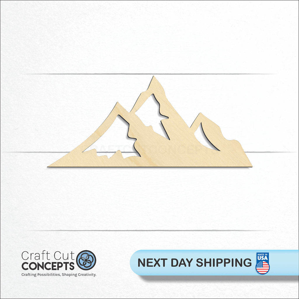 Craft Cut Concepts logo and next day shipping banner with an unfinished wood Mountain Peaks craft shape and blank