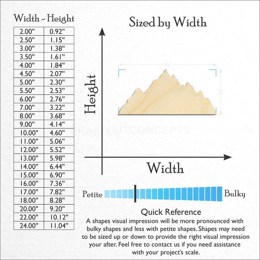 Sizes available for a laser cut Mountain Peaks craft blank