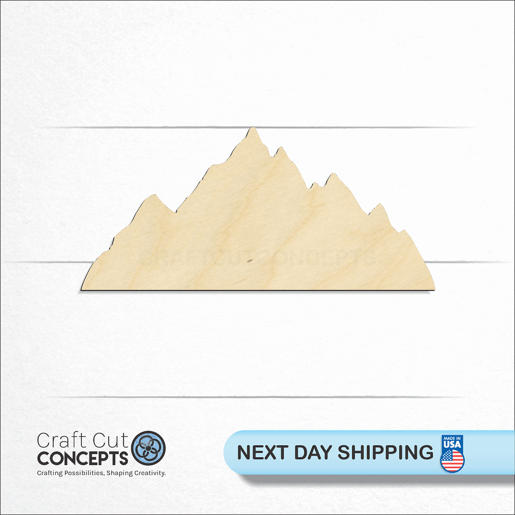 Craft Cut Concepts logo and next day shipping banner with an unfinished wood Mountain Peaks craft shape and blank