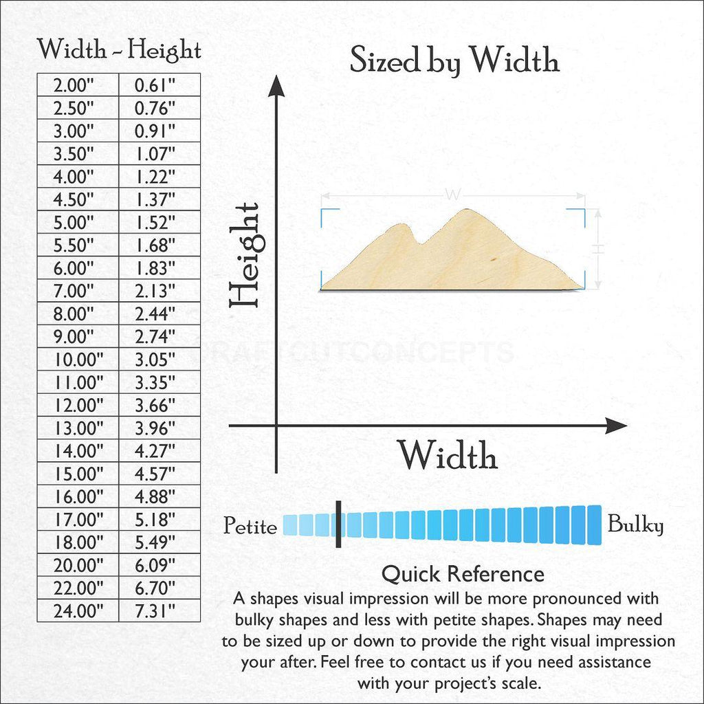 Sizes available for a laser cut Mountain Peaks craft blank