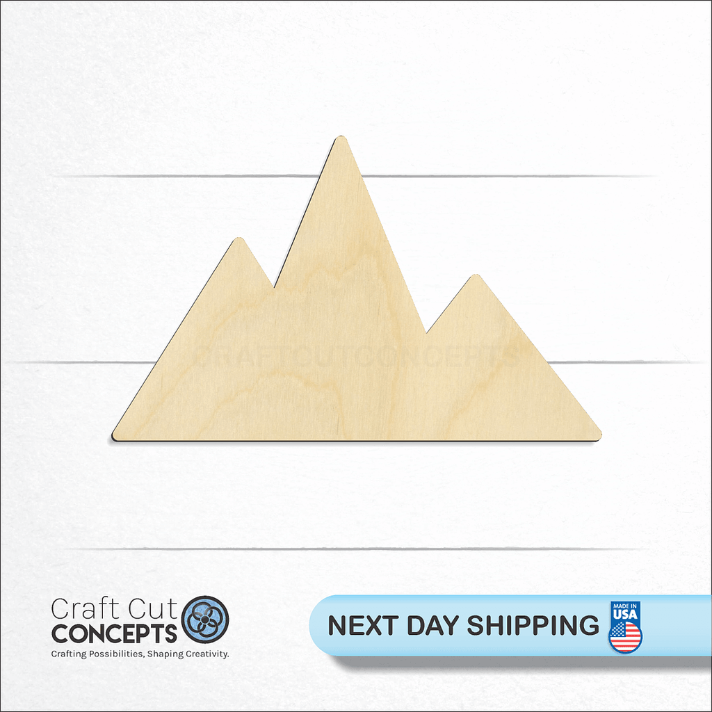 Craft Cut Concepts logo and next day shipping banner with an unfinished wood Mountain Peaks craft shape and blank