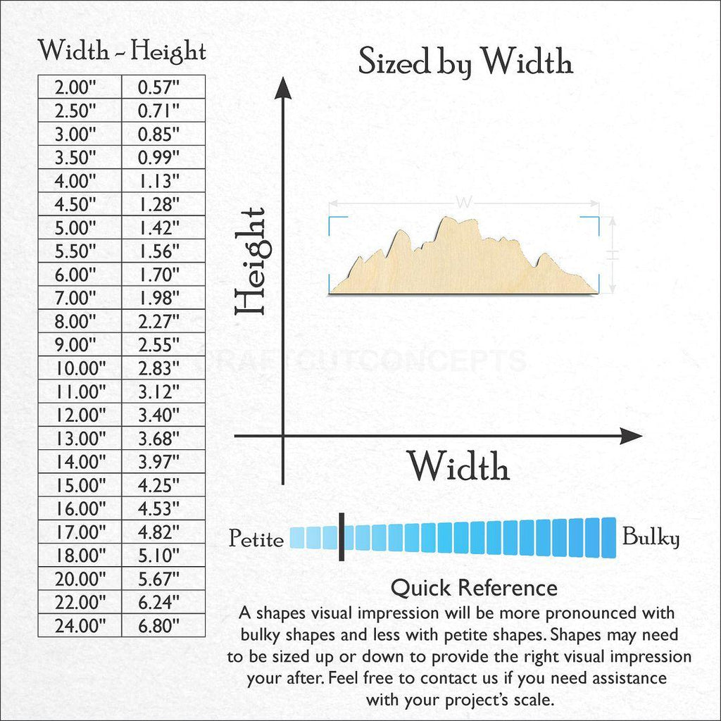Sizes available for a laser cut Mountain Peaks craft blank