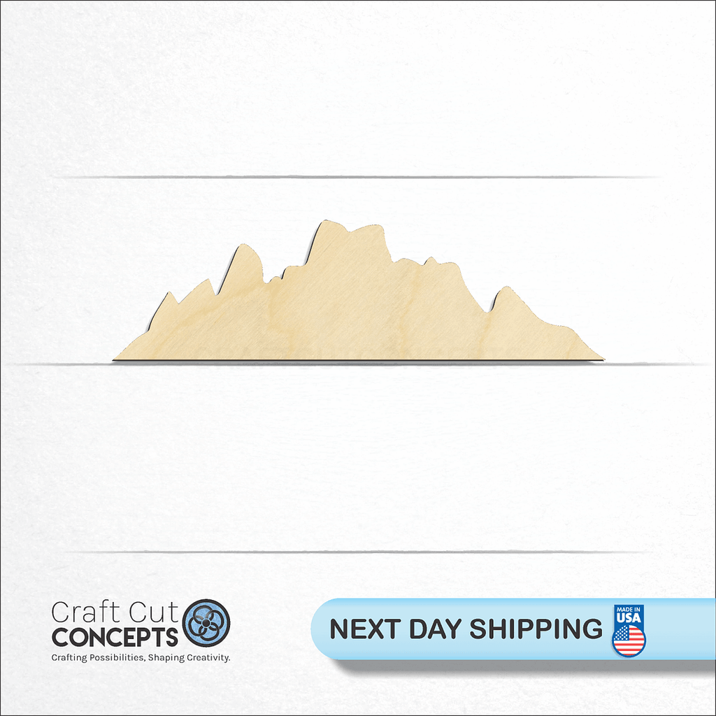 Craft Cut Concepts logo and next day shipping banner with an unfinished wood Mountain Peaks craft shape and blank