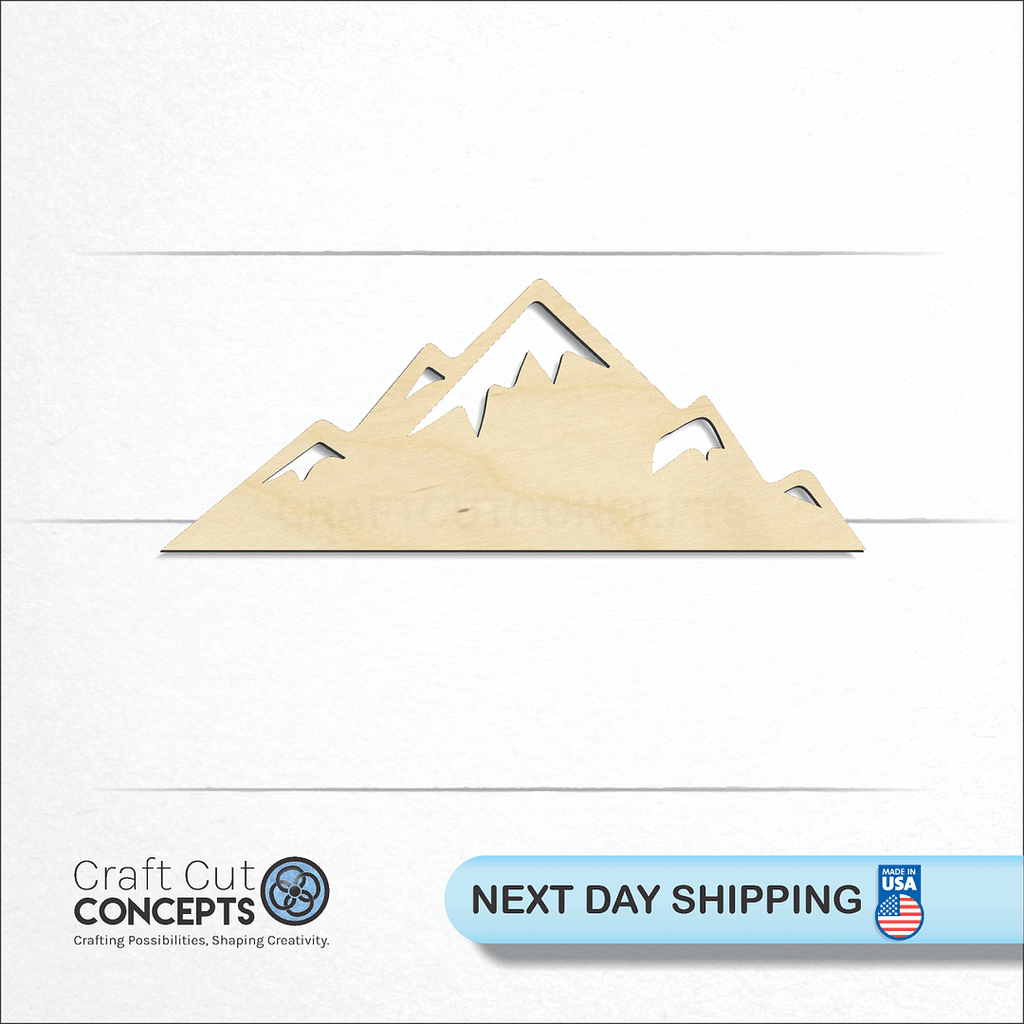 Craft Cut Concepts logo and next day shipping banner with an unfinished wood Mountain Peaks craft shape and blank