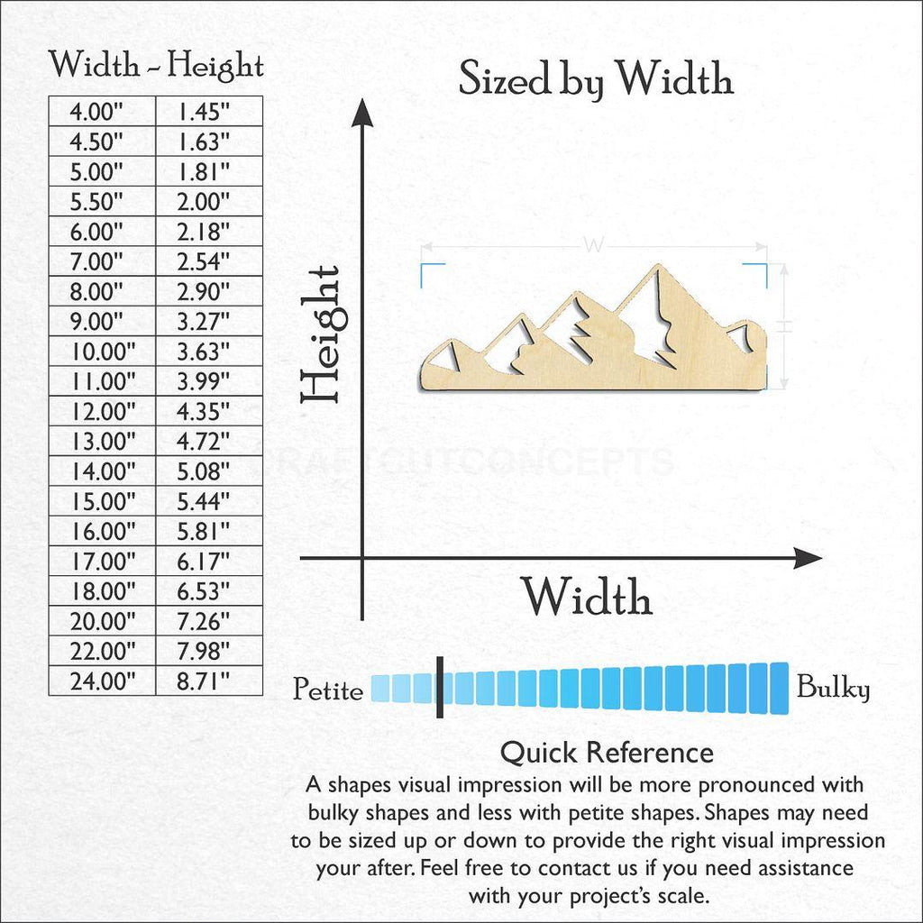 Sizes available for a laser cut Mountain Peaks craft blank