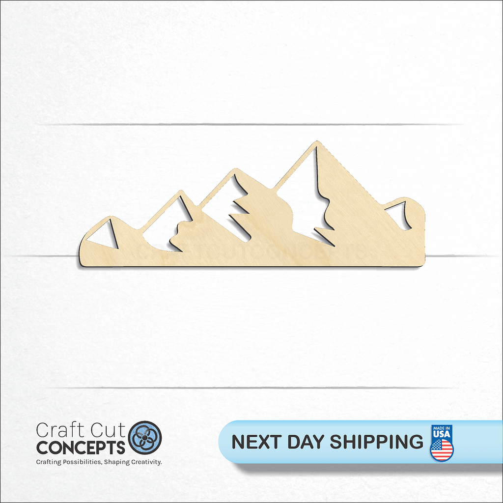 Craft Cut Concepts logo and next day shipping banner with an unfinished wood Mountain Peaks craft shape and blank