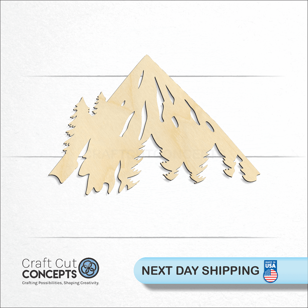 Craft Cut Concepts logo and next day shipping banner with an unfinished wood Mountain Peaks craft shape and blank