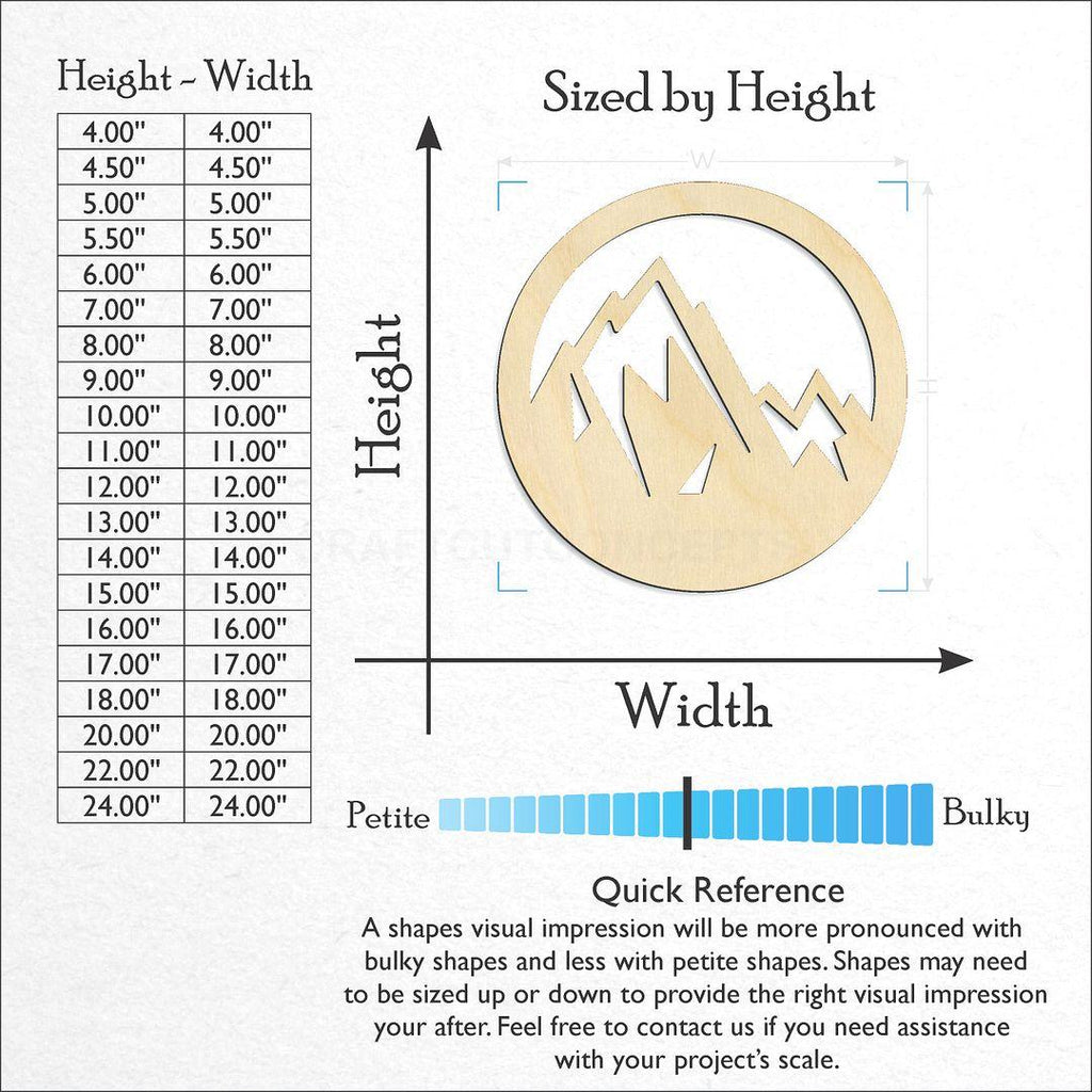 Sizes available for a laser cut Mountain Peaks craft blank