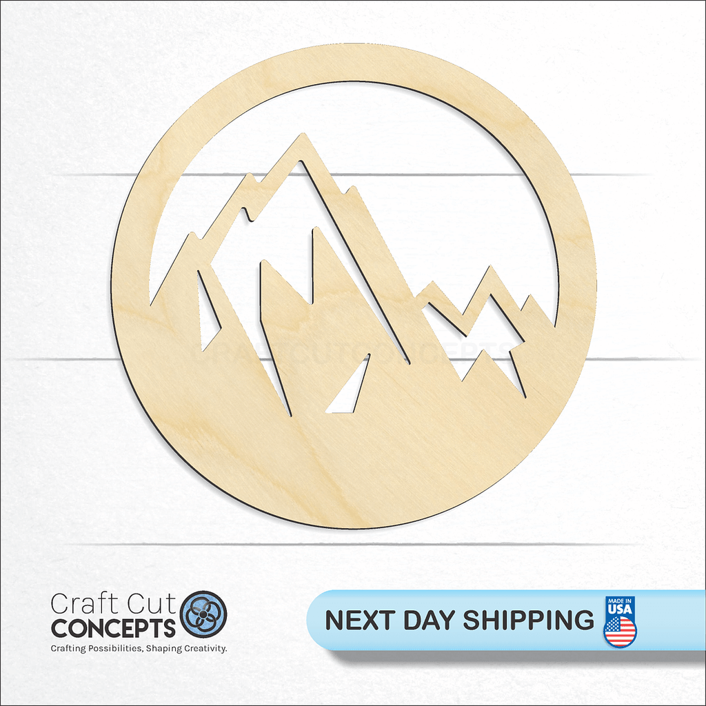 Craft Cut Concepts logo and next day shipping banner with an unfinished wood Mountain Peaks craft shape and blank