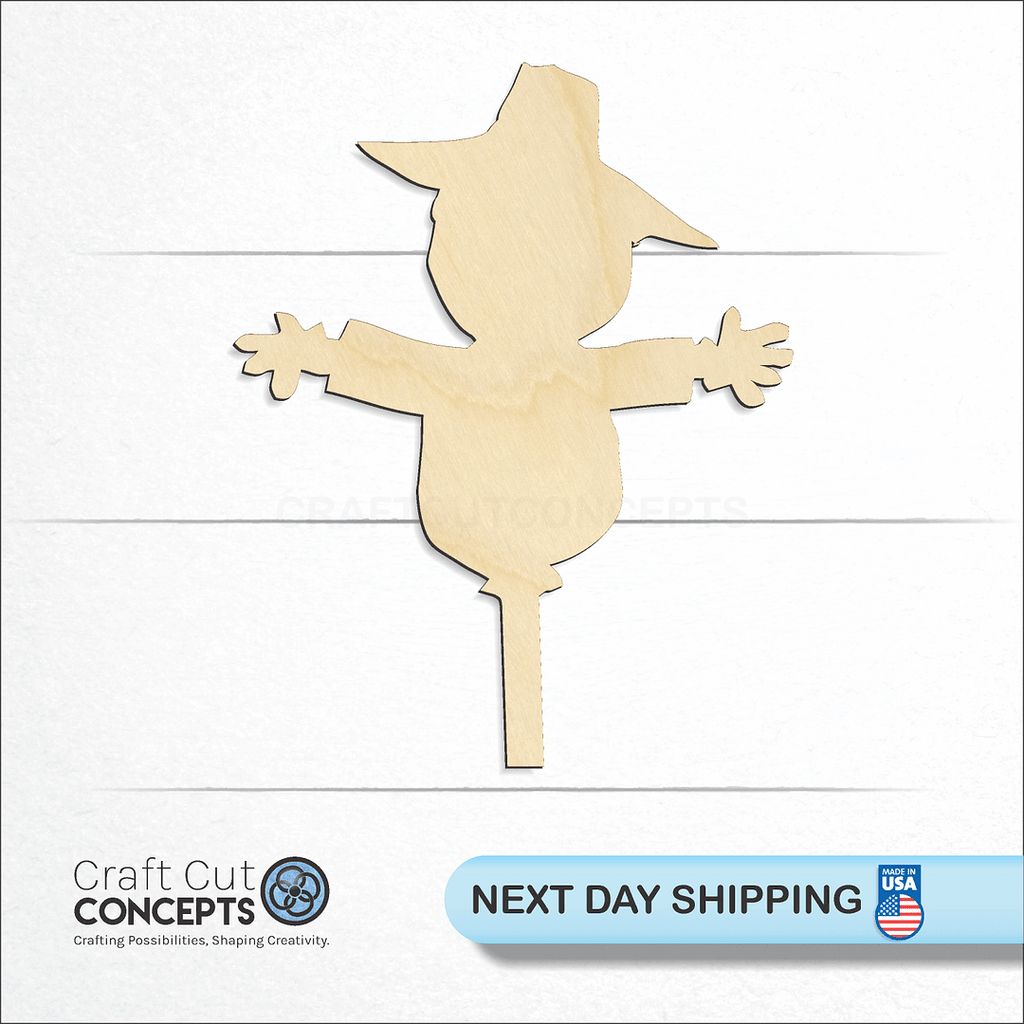 Craft Cut Concepts logo and next day shipping banner with an unfinished wood Scarecrow craft shape and blank