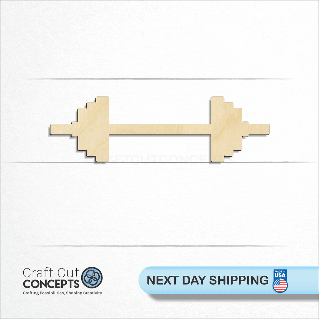 Craft Cut Concepts logo and next day shipping banner with an unfinished wood Bar Bells craft shape and blank