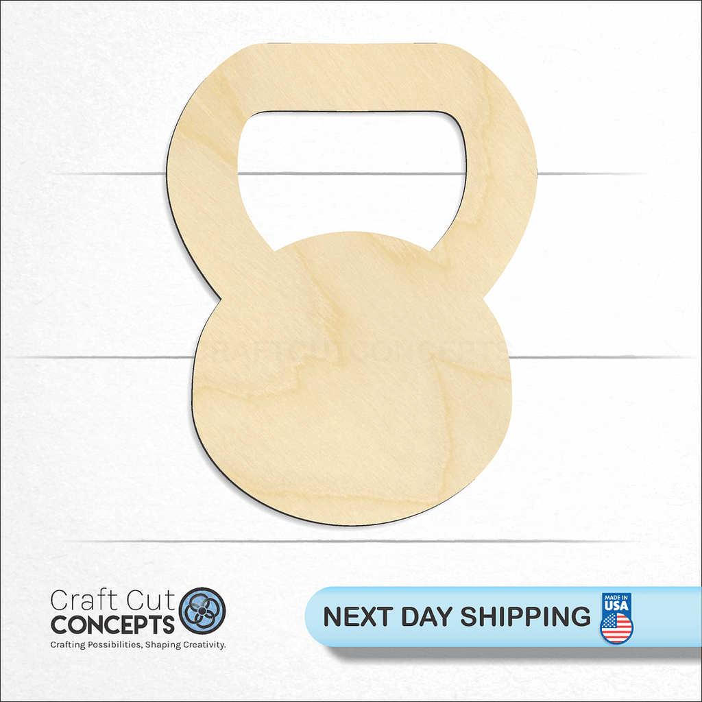 Craft Cut Concepts logo and next day shipping banner with an unfinished wood Kettle Ball craft shape and blank