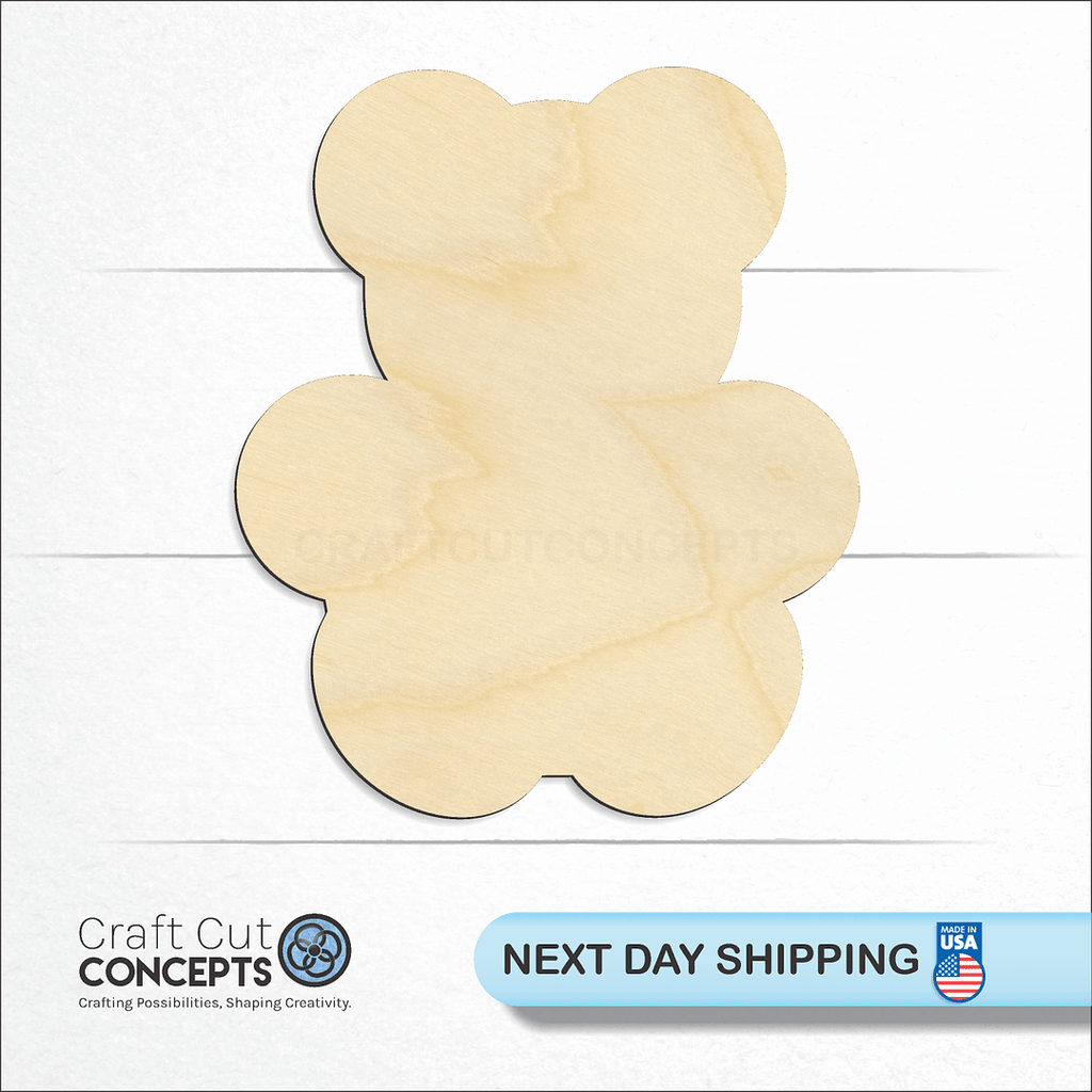 Craft Cut Concepts logo and next day shipping banner with an unfinished wood Teddy Bear craft shape and blank