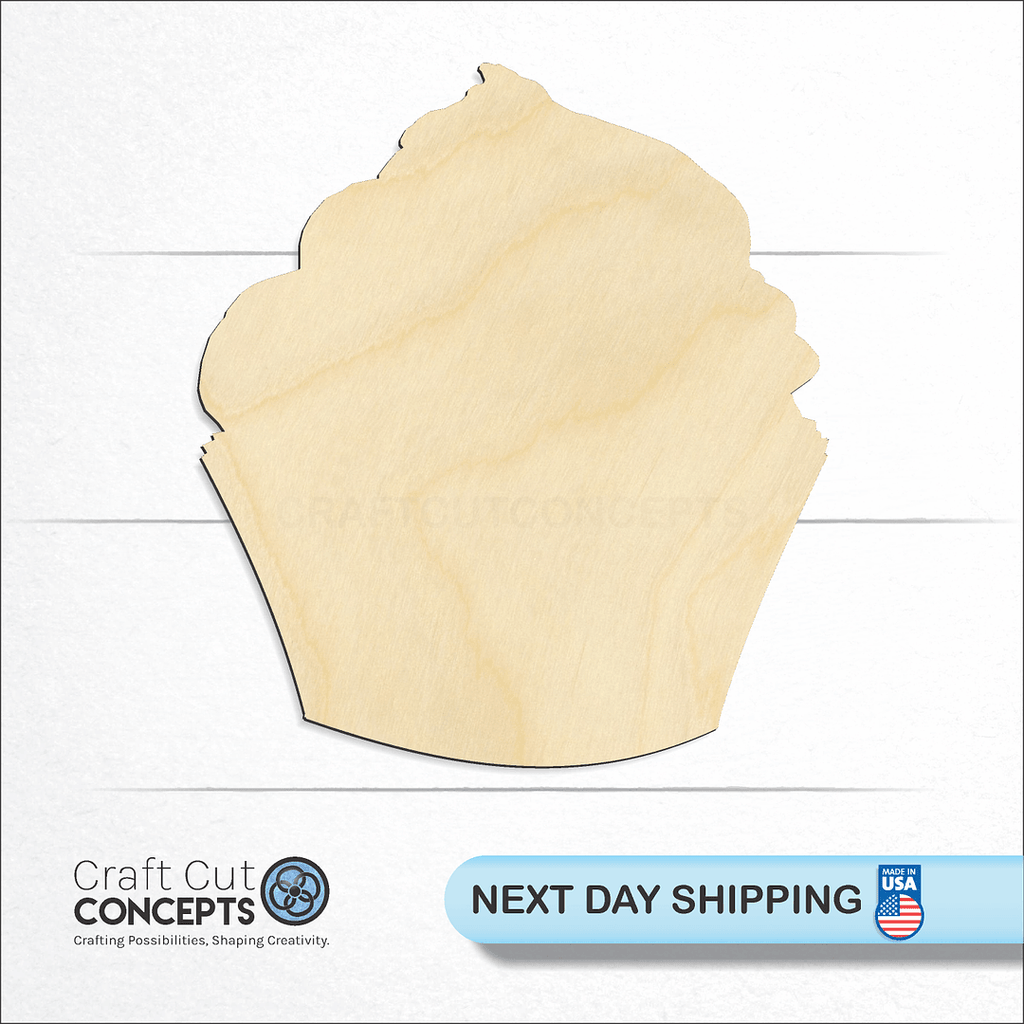 Craft Cut Concepts logo and next day shipping banner with an unfinished wood Cupcake craft shape and blank