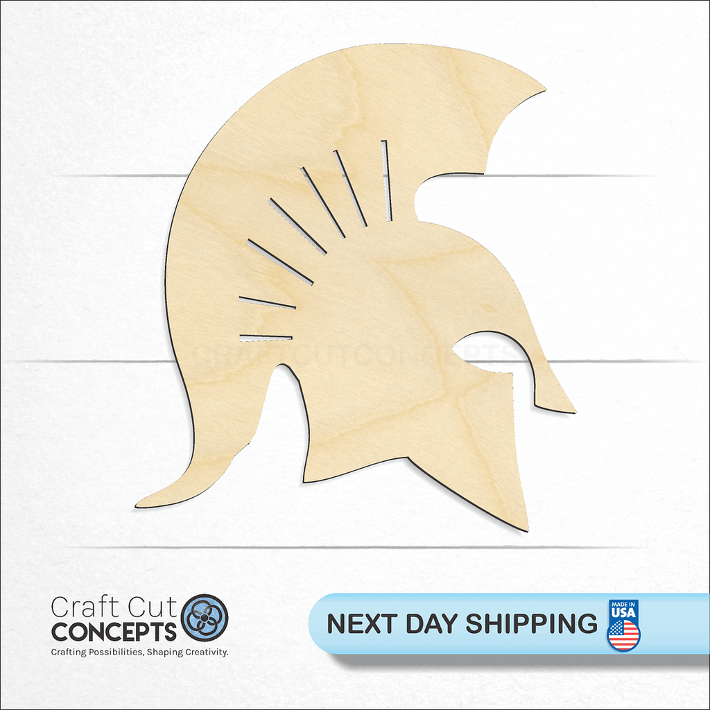 Craft Cut Concepts logo and next day shipping banner with an unfinished wood Spartan Helment craft shape and blank