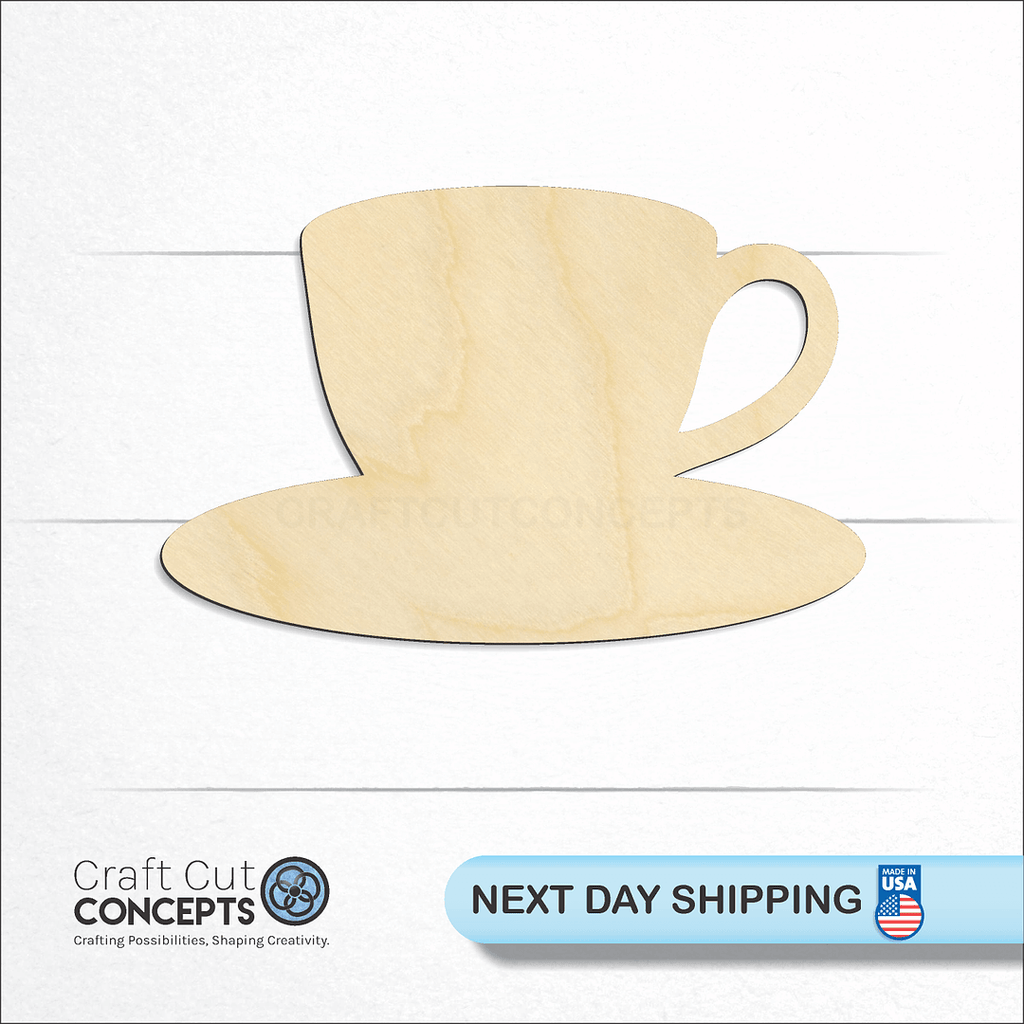 Craft Cut Concepts logo and next day shipping banner with an unfinished wood Coffee Cup Plate craft shape and blank