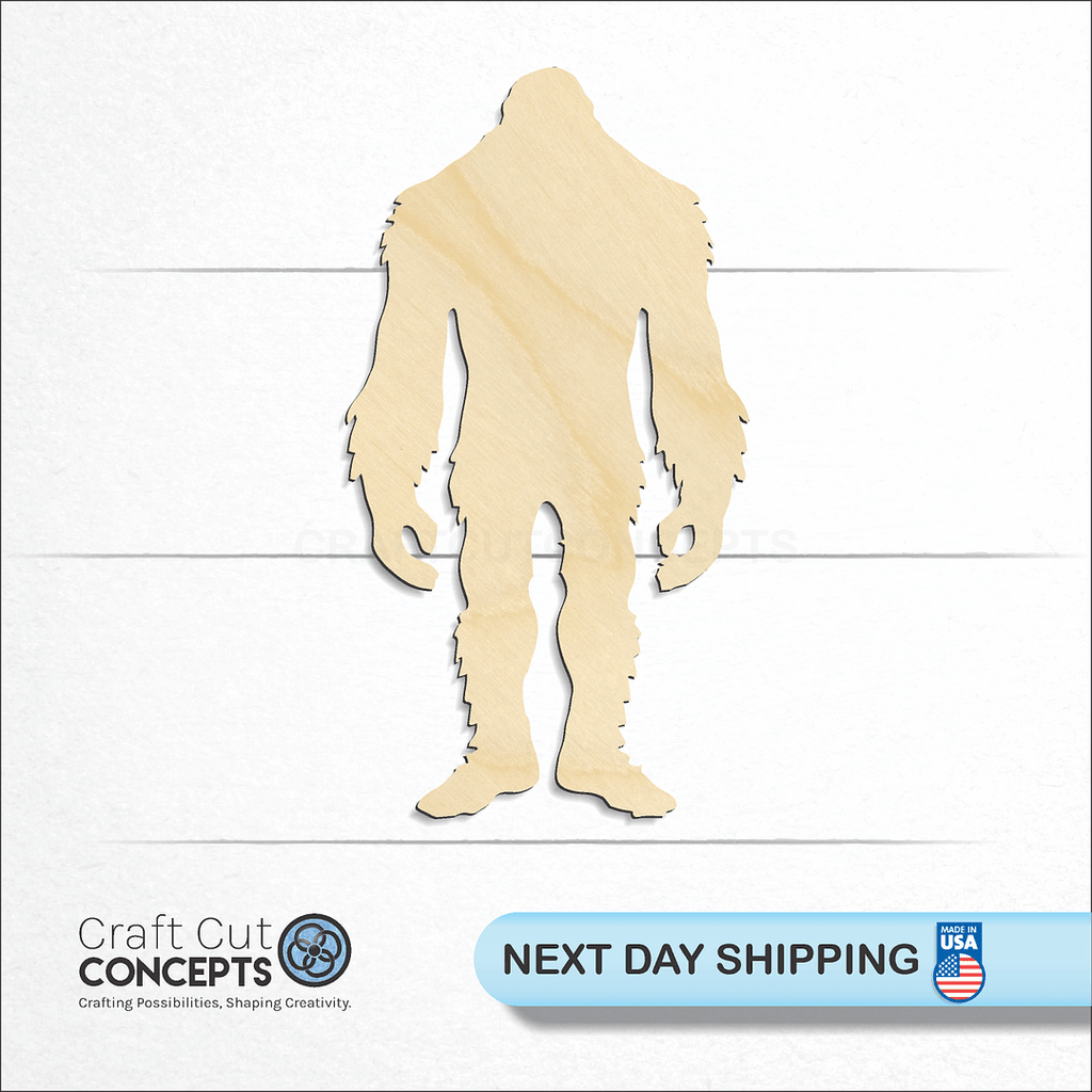 Craft Cut Concepts logo and next day shipping banner with an unfinished wood Bigfoot craft shape and blank