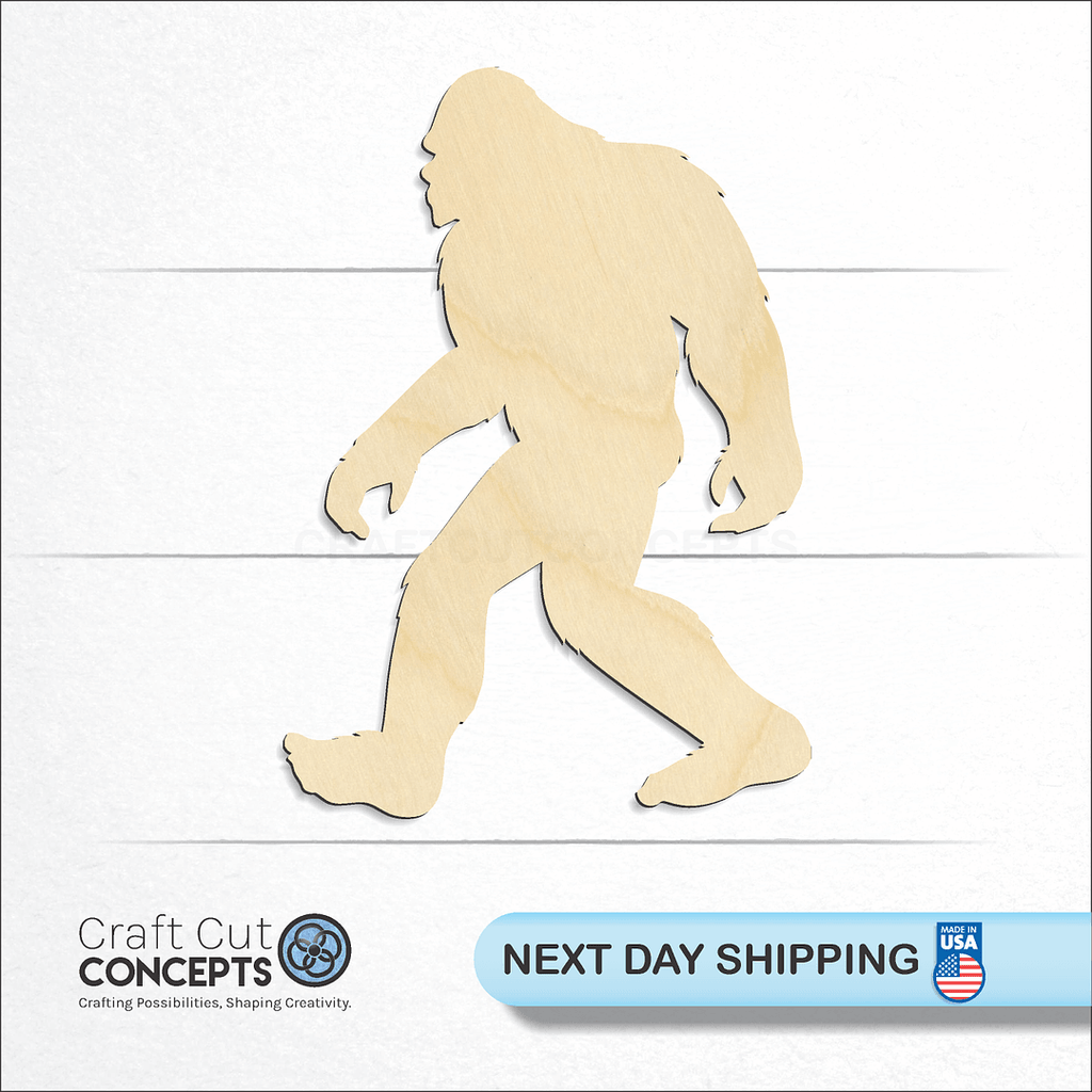 Craft Cut Concepts logo and next day shipping banner with an unfinished wood Bigfoot craft shape and blank