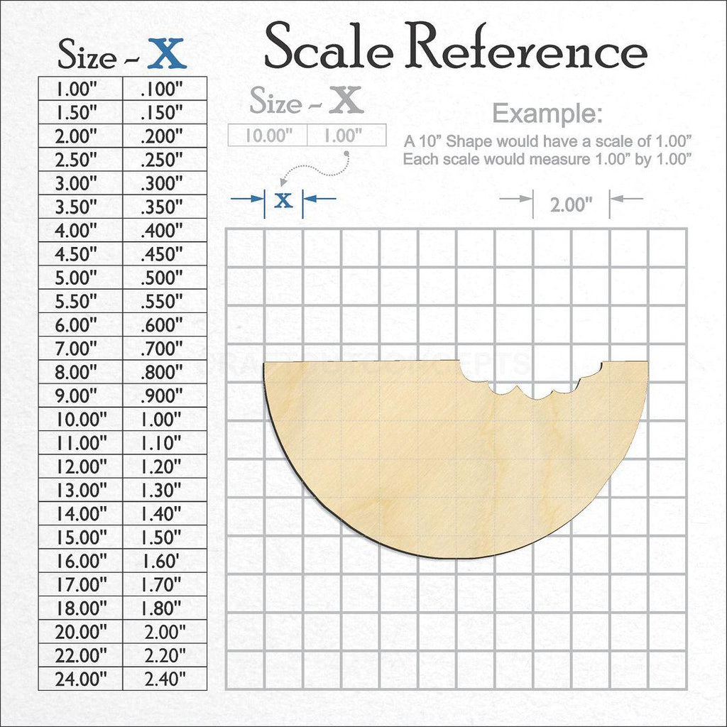 A scale and graph image showing a wood Watermelon slice bite craft blank