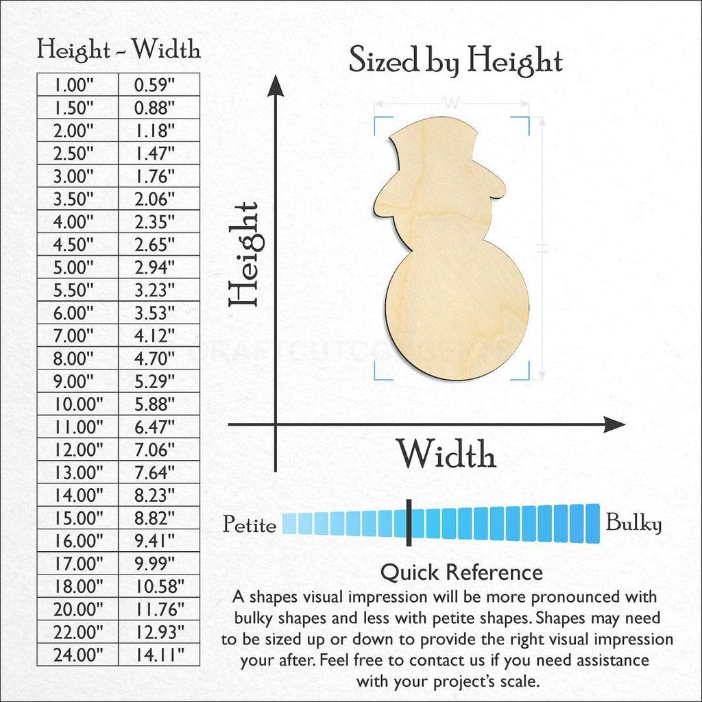 Sizes available for a laser cut Snowman-02 craft blank