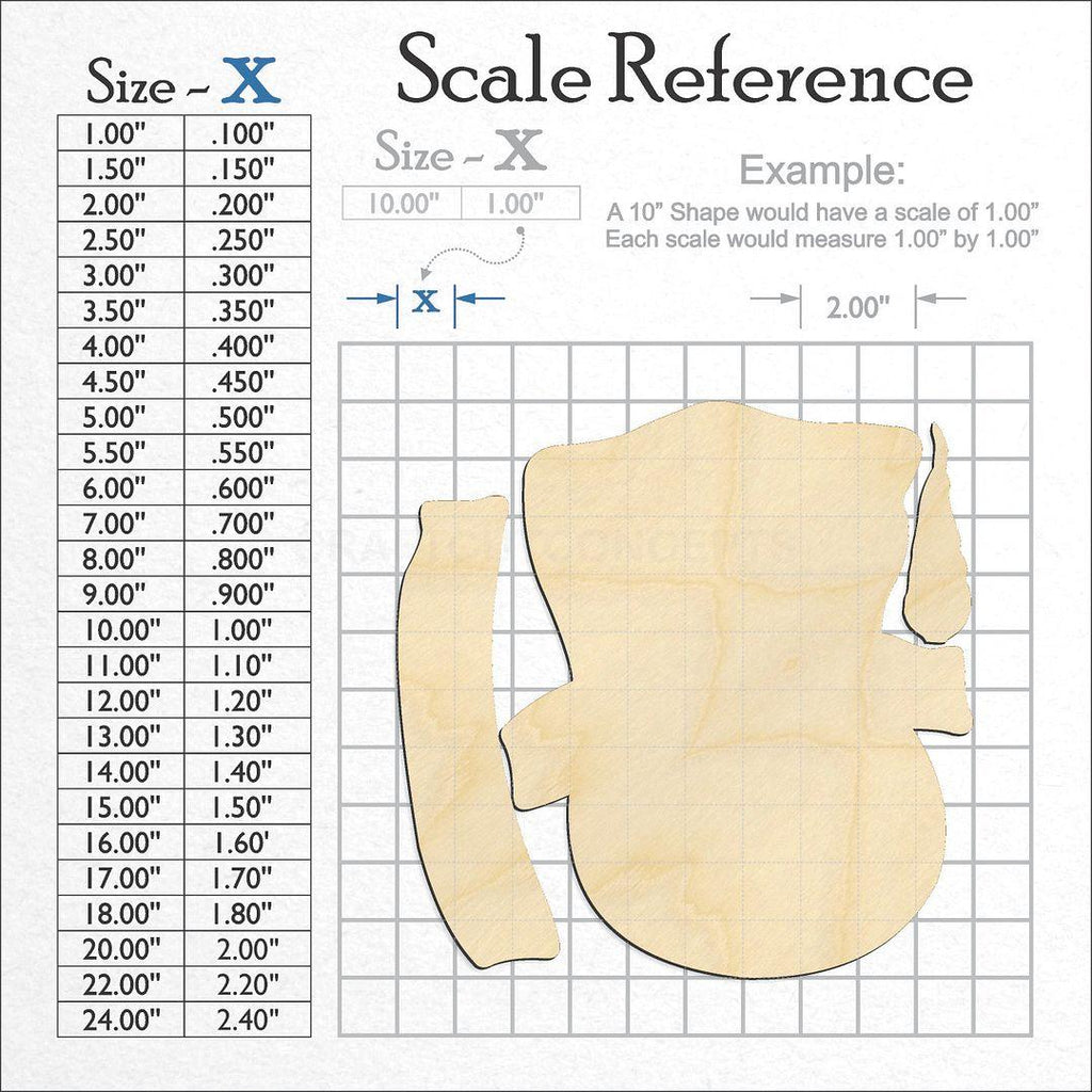 A scale and graph image showing a wood Snowman Head Two piece craft blank