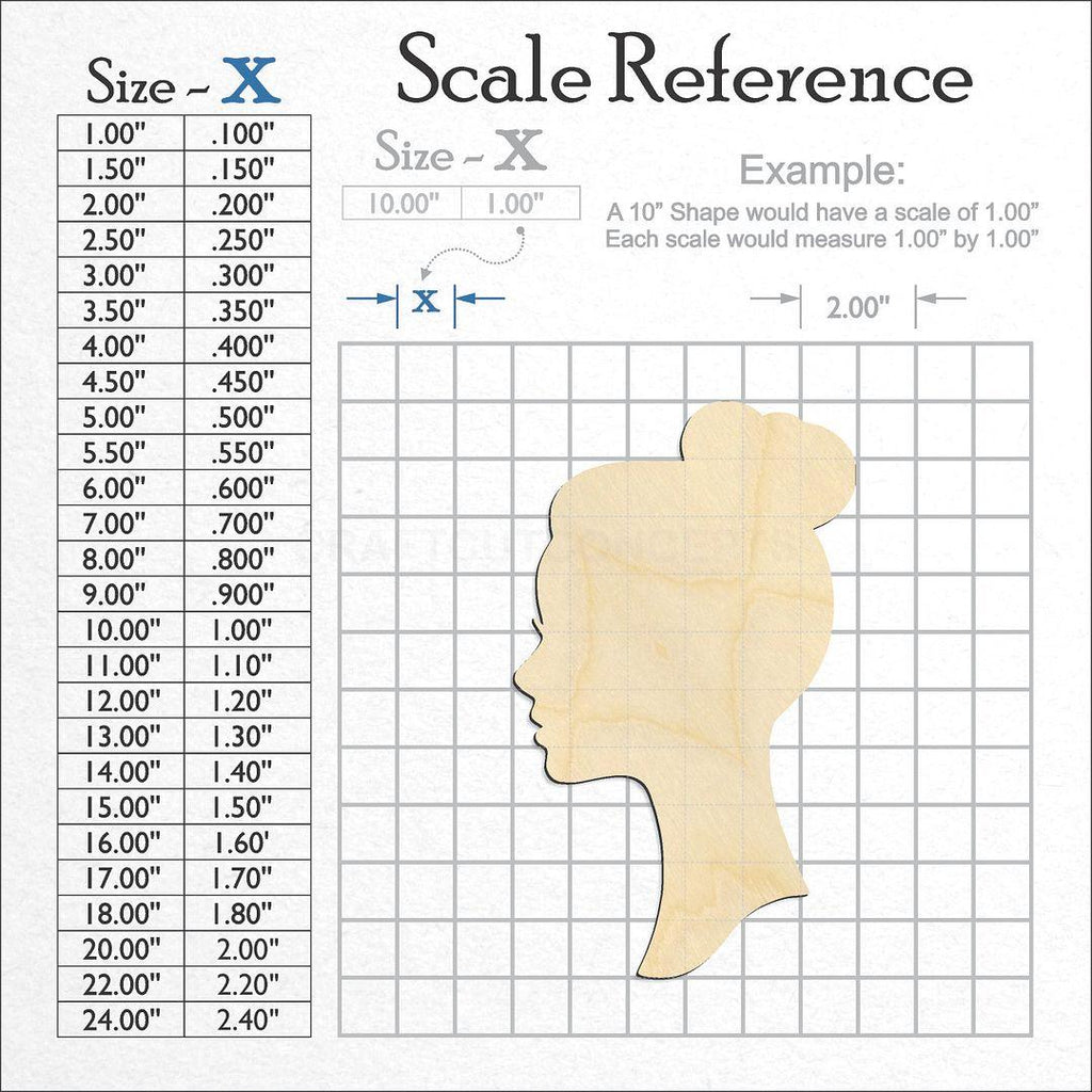 A scale and graph image showing a wood Women Head Mannequin craft blank