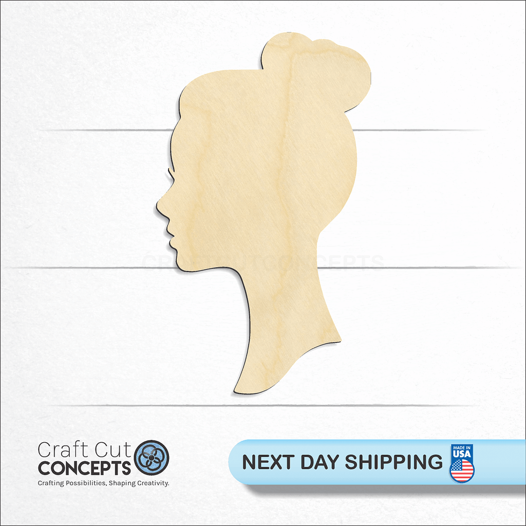 Craft Cut Concepts logo and next day shipping banner with an unfinished wood Women Head Mannequin craft shape and blank