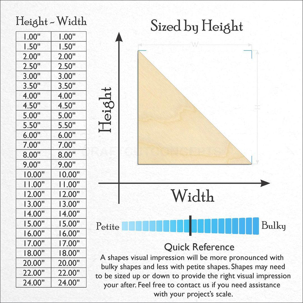 Sizes available for a laser cut Right Triangle craft blank