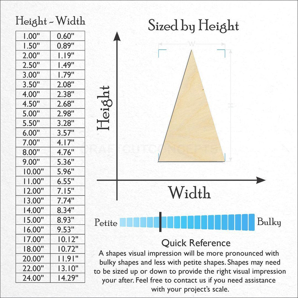 Sizes available for a laser cut Equalateral Triangle craft blank