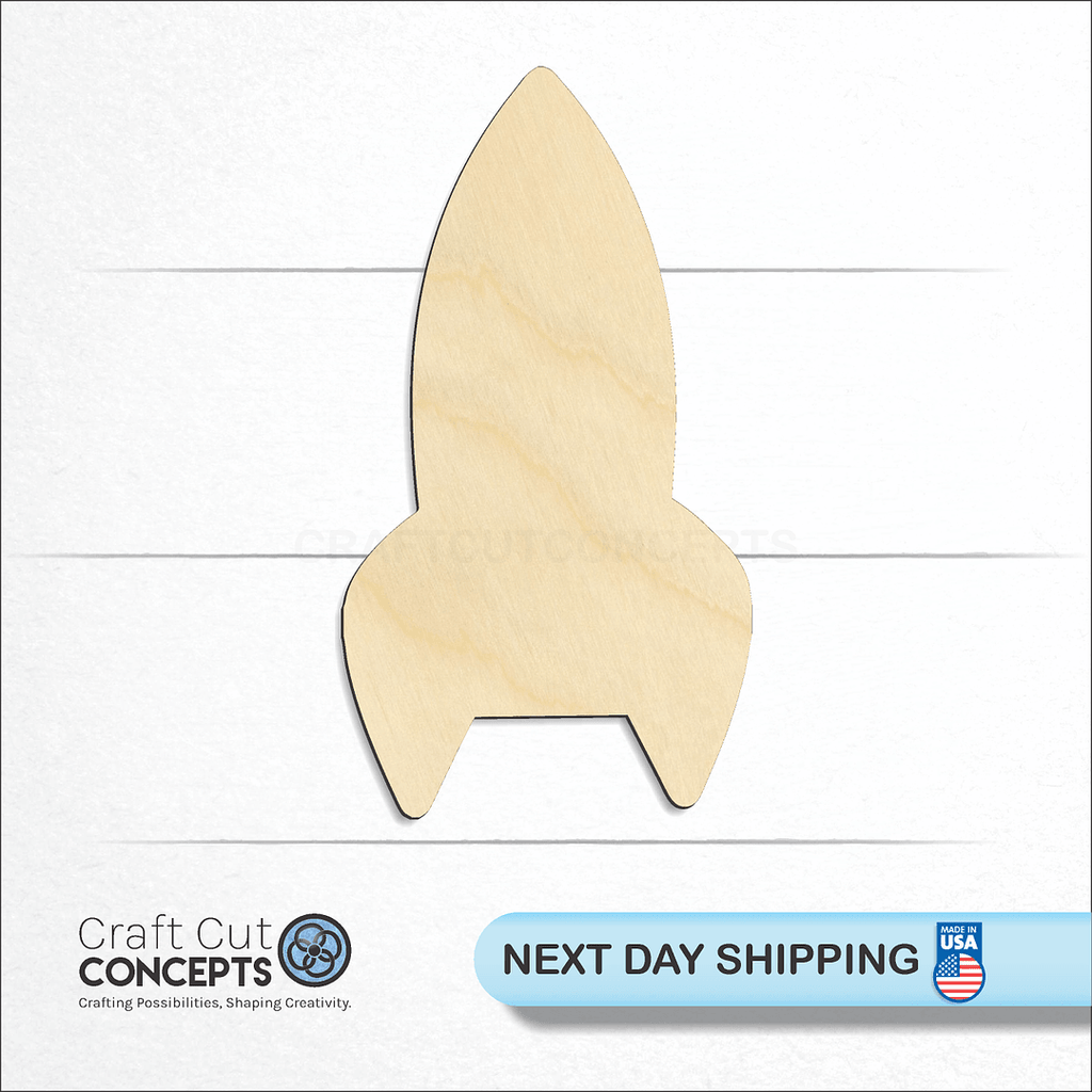 Craft Cut Concepts logo and next day shipping banner with an unfinished wood Rocket Ship craft shape and blank