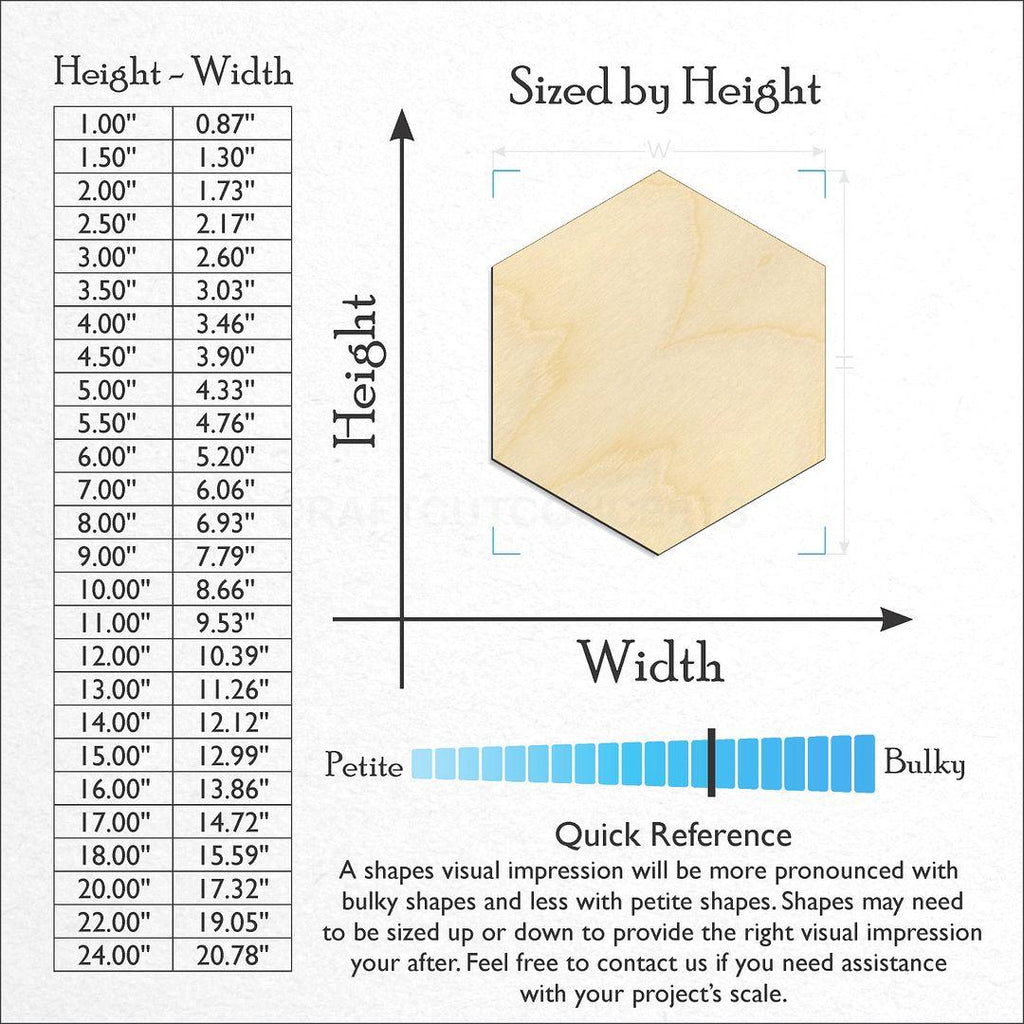 Sizes available for a laser cut Hexagon craft blank