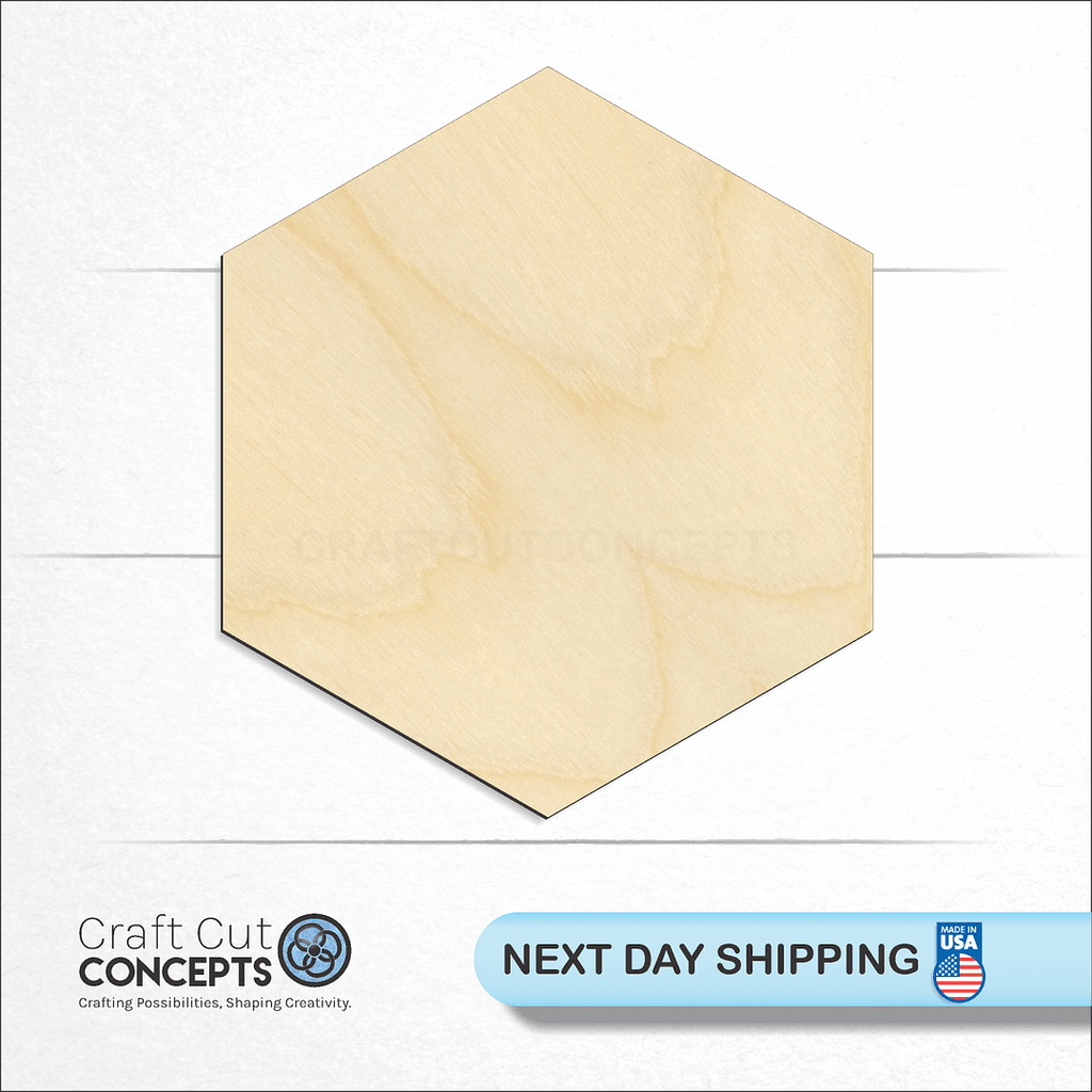 Craft Cut Concepts logo and next day shipping banner with an unfinished wood Hexagon craft shape and blank