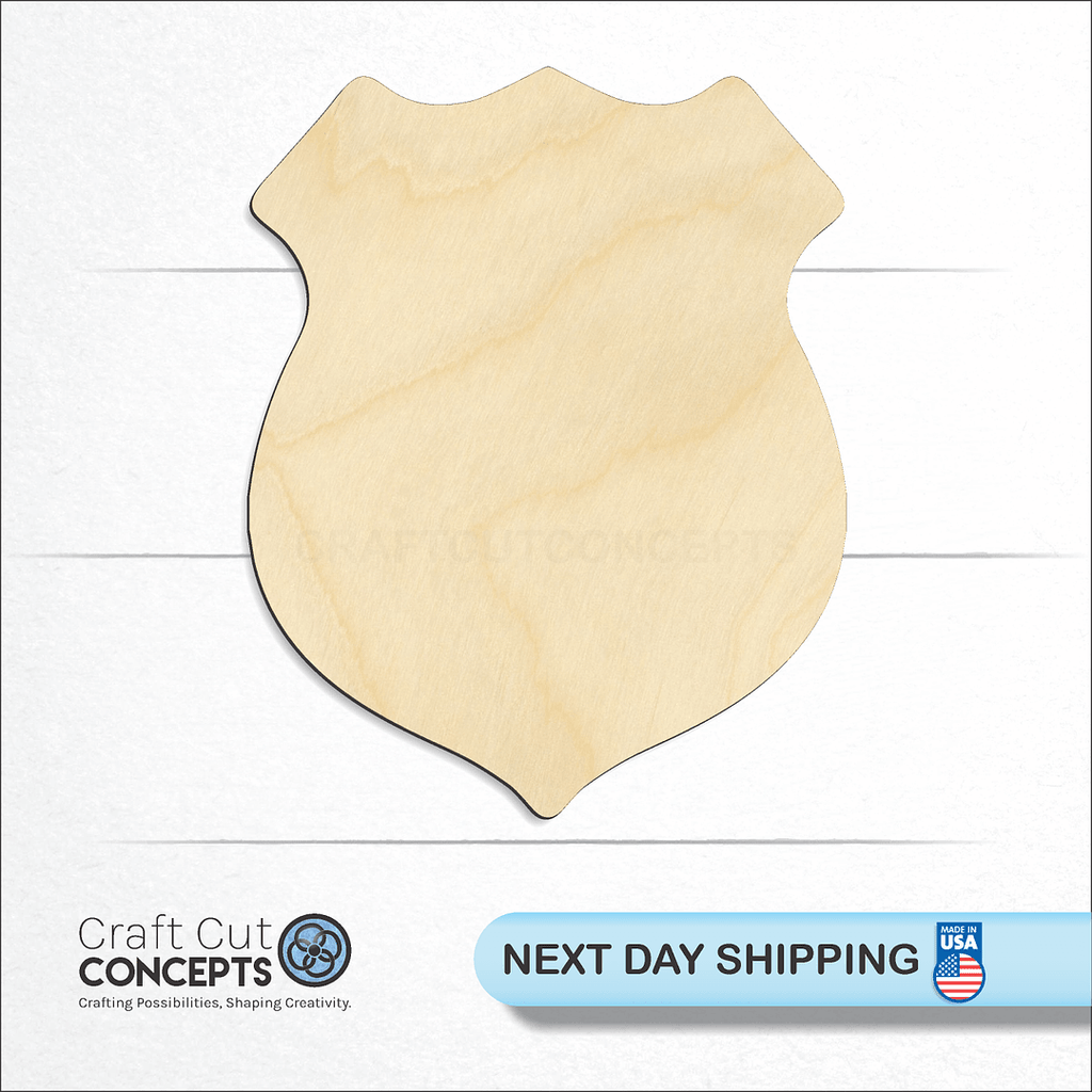 Craft Cut Concepts logo and next day shipping banner with an unfinished wood Badge - Police craft shape and blank