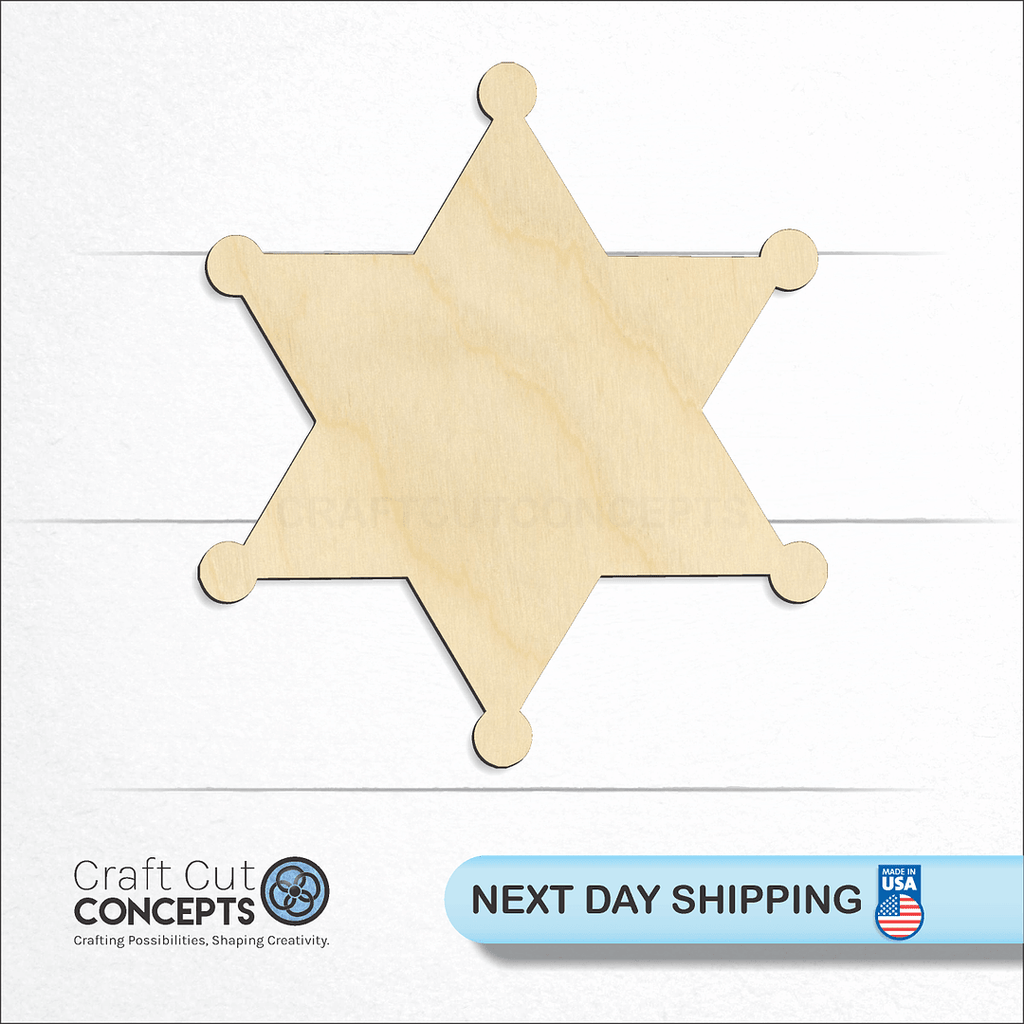 Craft Cut Concepts logo and next day shipping banner with an unfinished wood Sheriff badge craft shape and blank