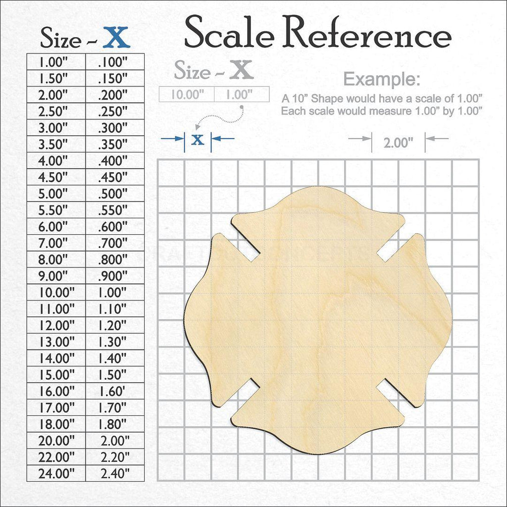 A scale and graph image showing a wood Badge - Maltese Cross craft blank