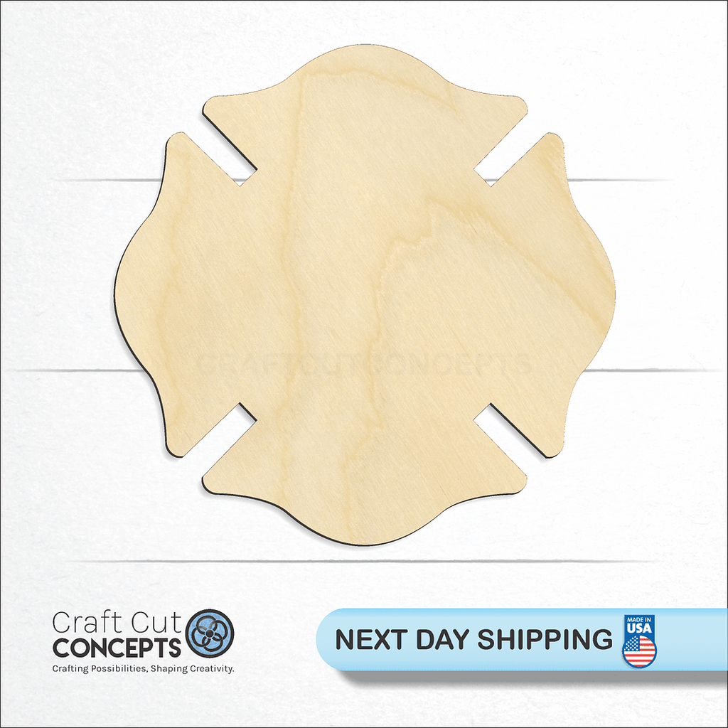 Craft Cut Concepts logo and next day shipping banner with an unfinished wood Badge - Maltese Cross craft shape and blank