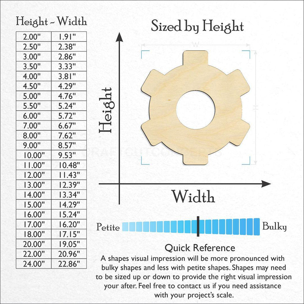 Sizes available for a laser cut Cog craft blank