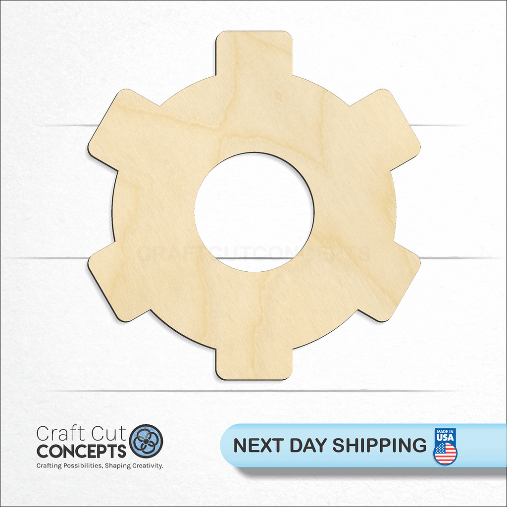 Craft Cut Concepts logo and next day shipping banner with an unfinished wood Cog craft shape and blank