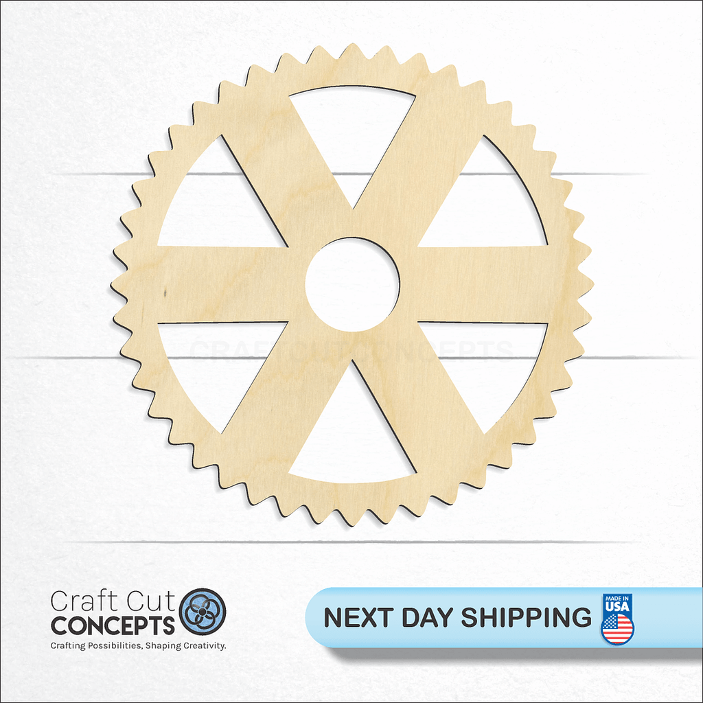 Craft Cut Concepts logo and next day shipping banner with an unfinished wood Gear craft shape and blank