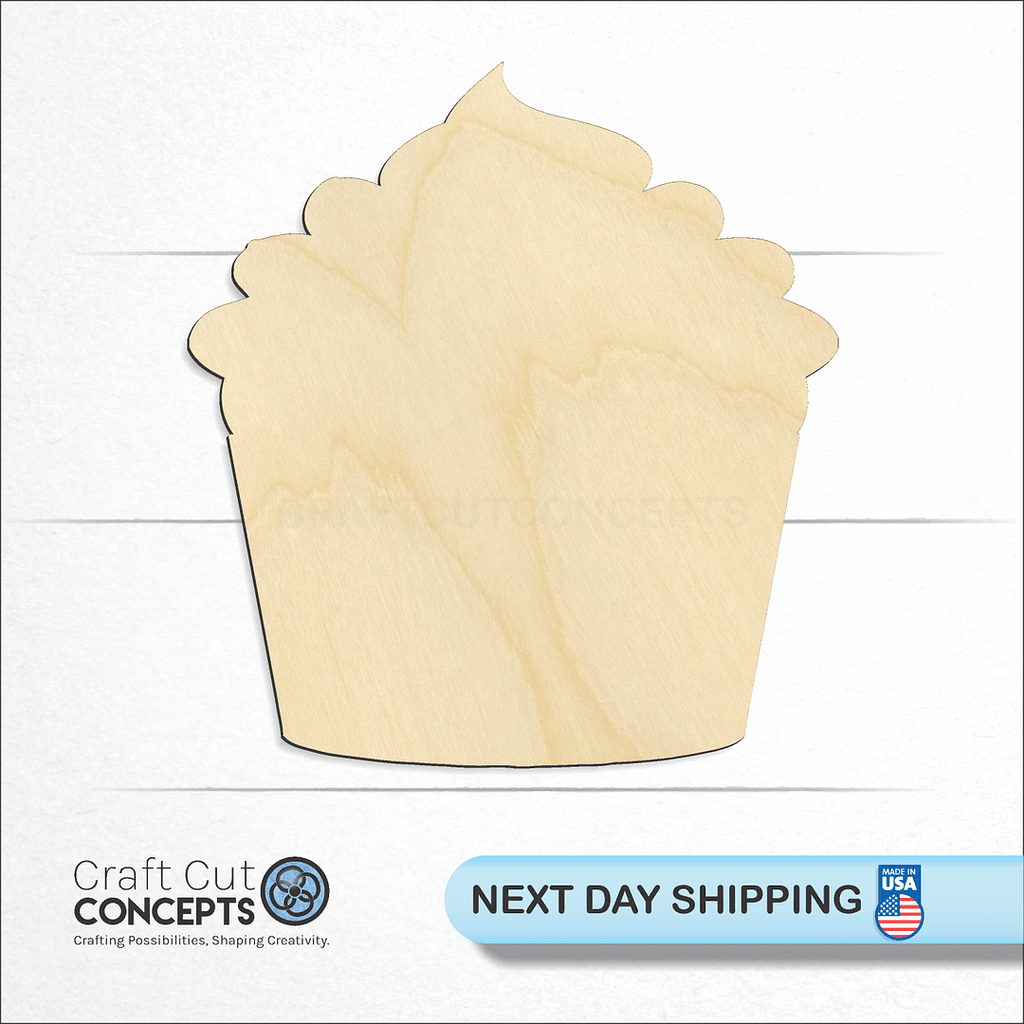 Craft Cut Concepts logo and next day shipping banner with an unfinished wood Cup Cake craft shape and blank