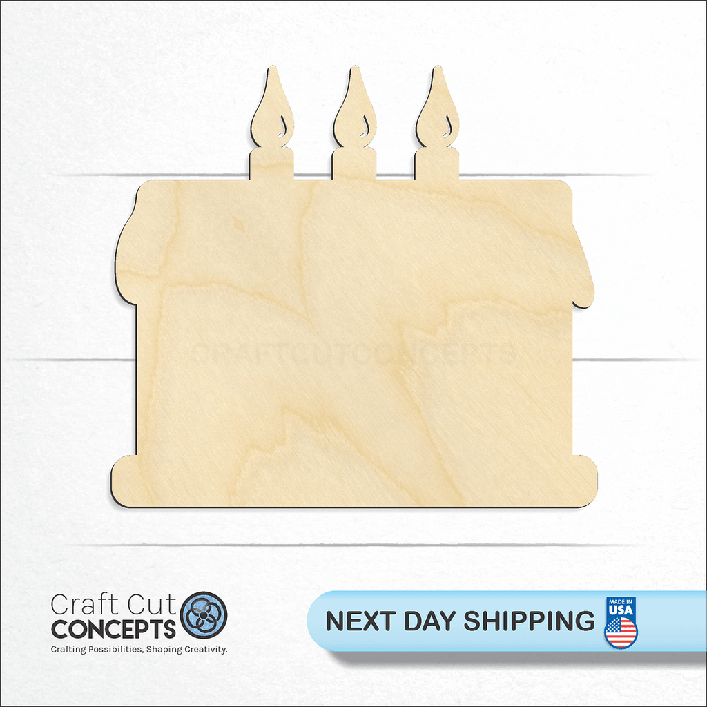 Craft Cut Concepts logo and next day shipping banner with an unfinished wood Cake craft shape and blank