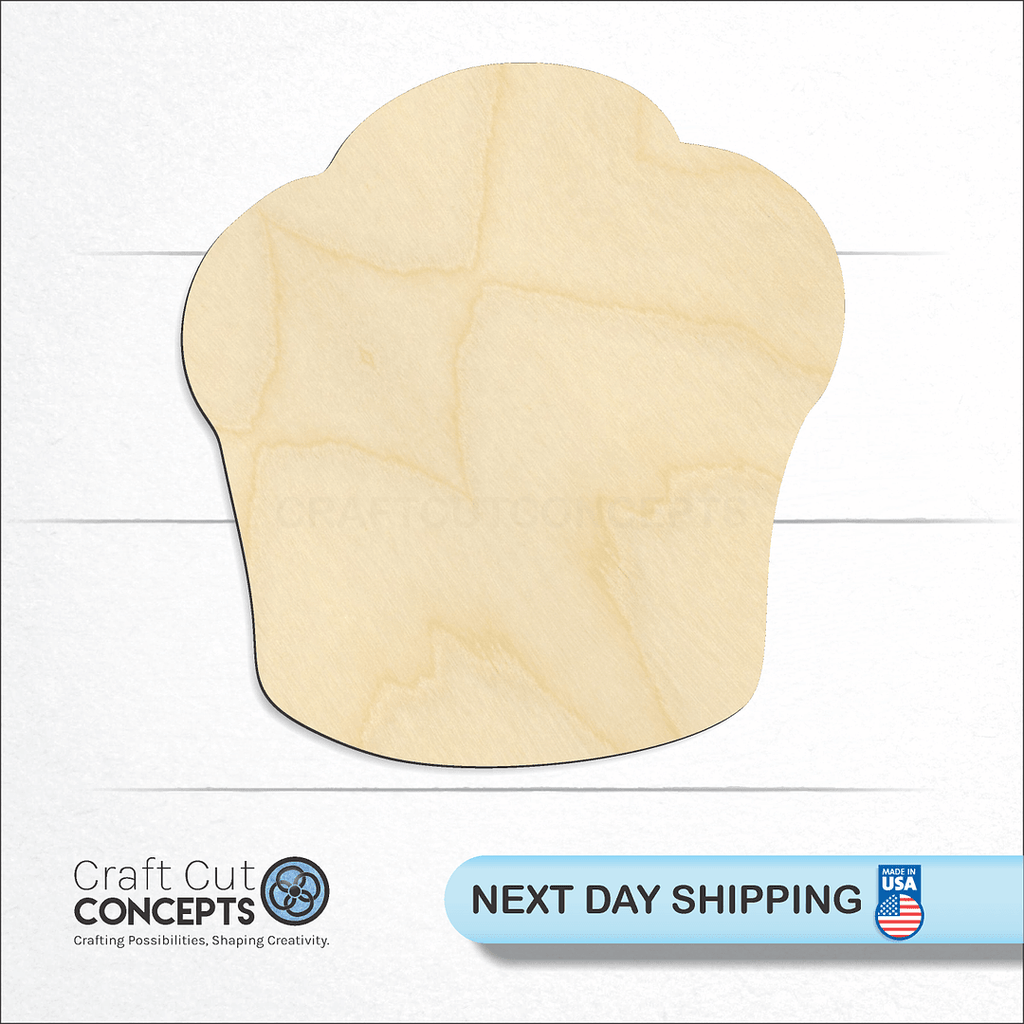 Craft Cut Concepts logo and next day shipping banner with an unfinished wood Muffin craft shape and blank