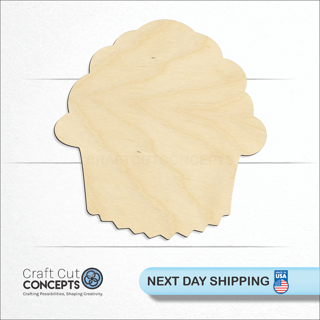 Craft Cut Concepts logo and next day shipping banner with an unfinished wood Cupcake Muffin craft shape and blank