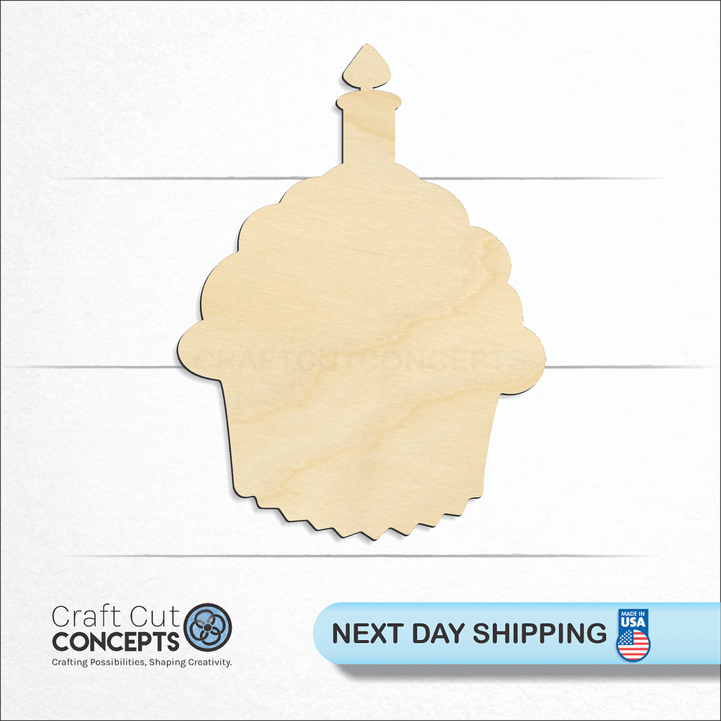 Craft Cut Concepts logo and next day shipping banner with an unfinished wood Cupcake Muffin craft shape and blank