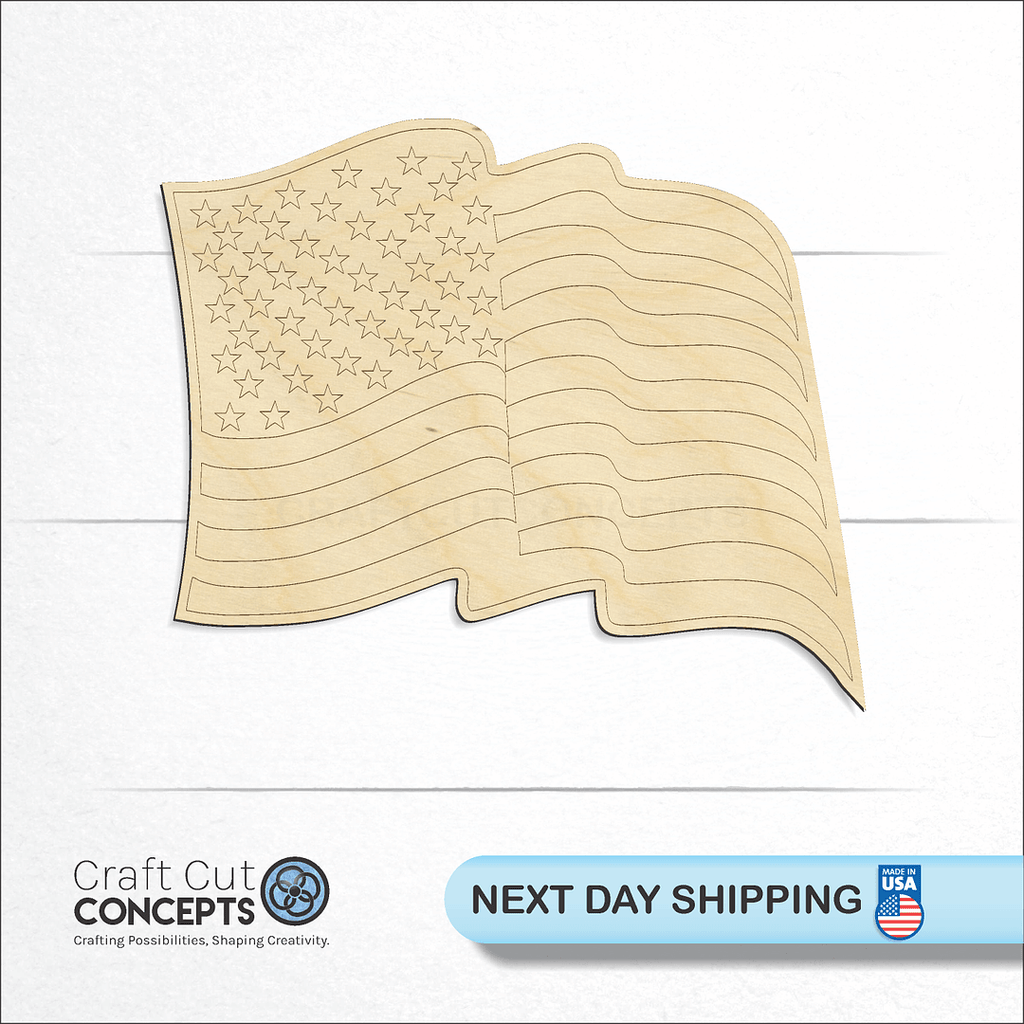 Craft Cut Concepts logo and next day shipping banner with an unfinished wood US Flag craft shape and blank