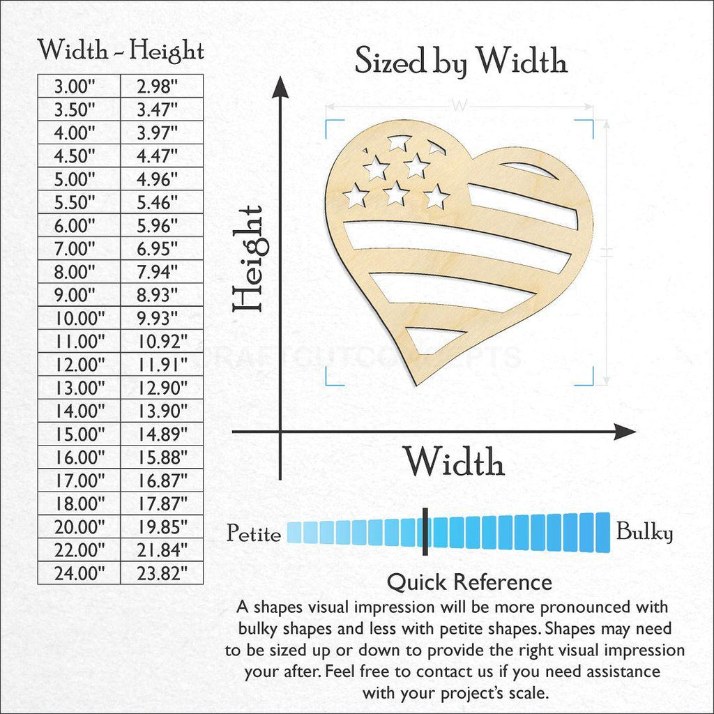 Sizes available for a laser cut US Flag Heart craft blank