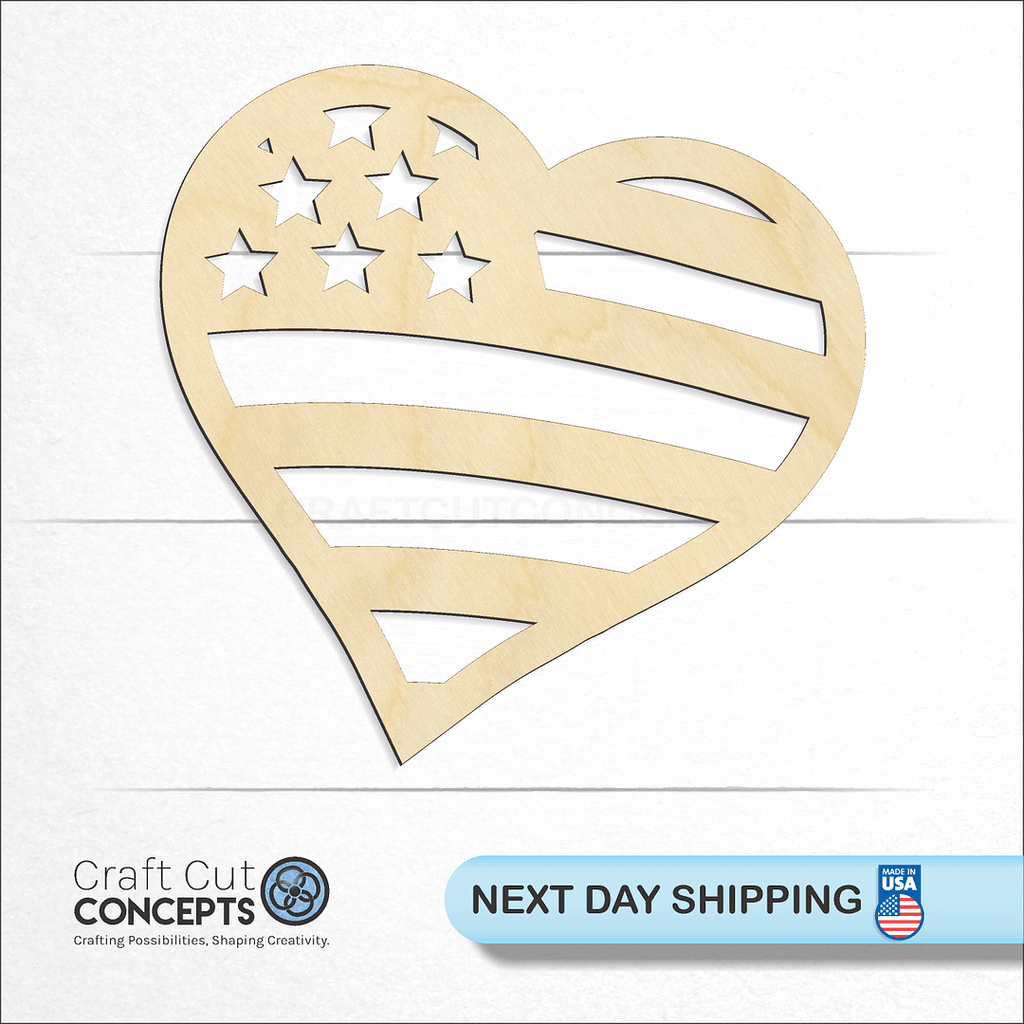 Craft Cut Concepts logo and next day shipping banner with an unfinished wood US Flag Heart craft shape and blank