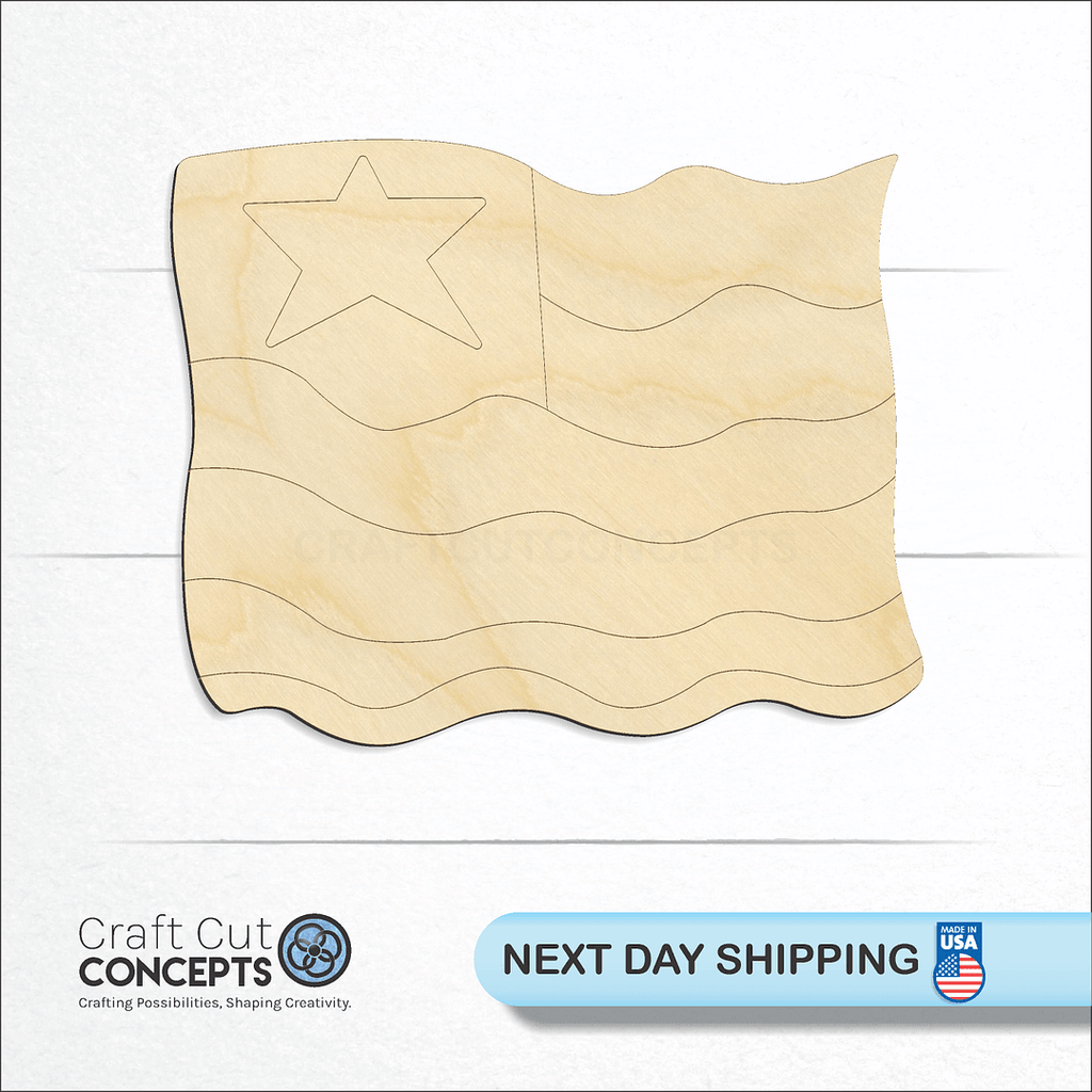 Craft Cut Concepts logo and next day shipping banner with an unfinished wood US Flag craft shape and blank