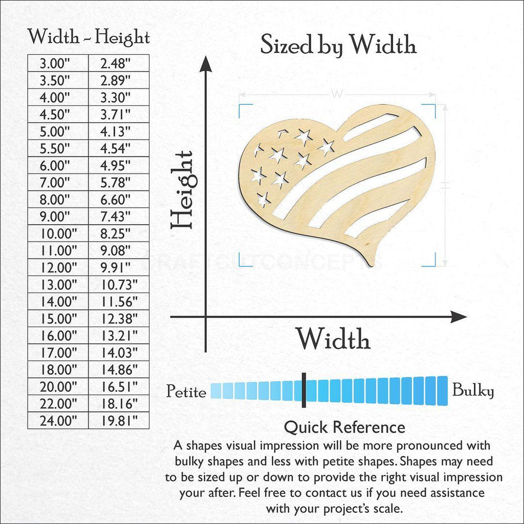 Sizes available for a laser cut Flag Heart craft blank