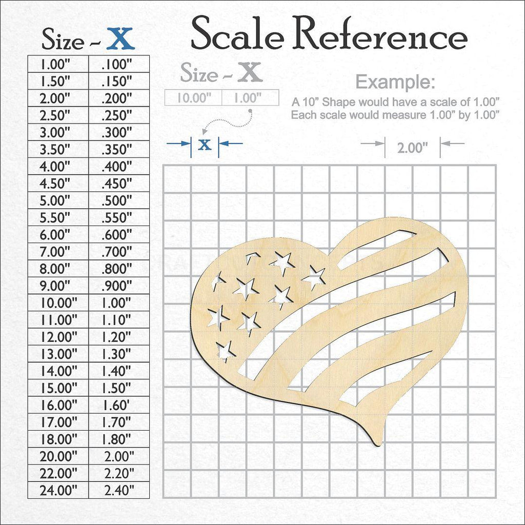 A scale and graph image showing a wood Flag Heart craft blank